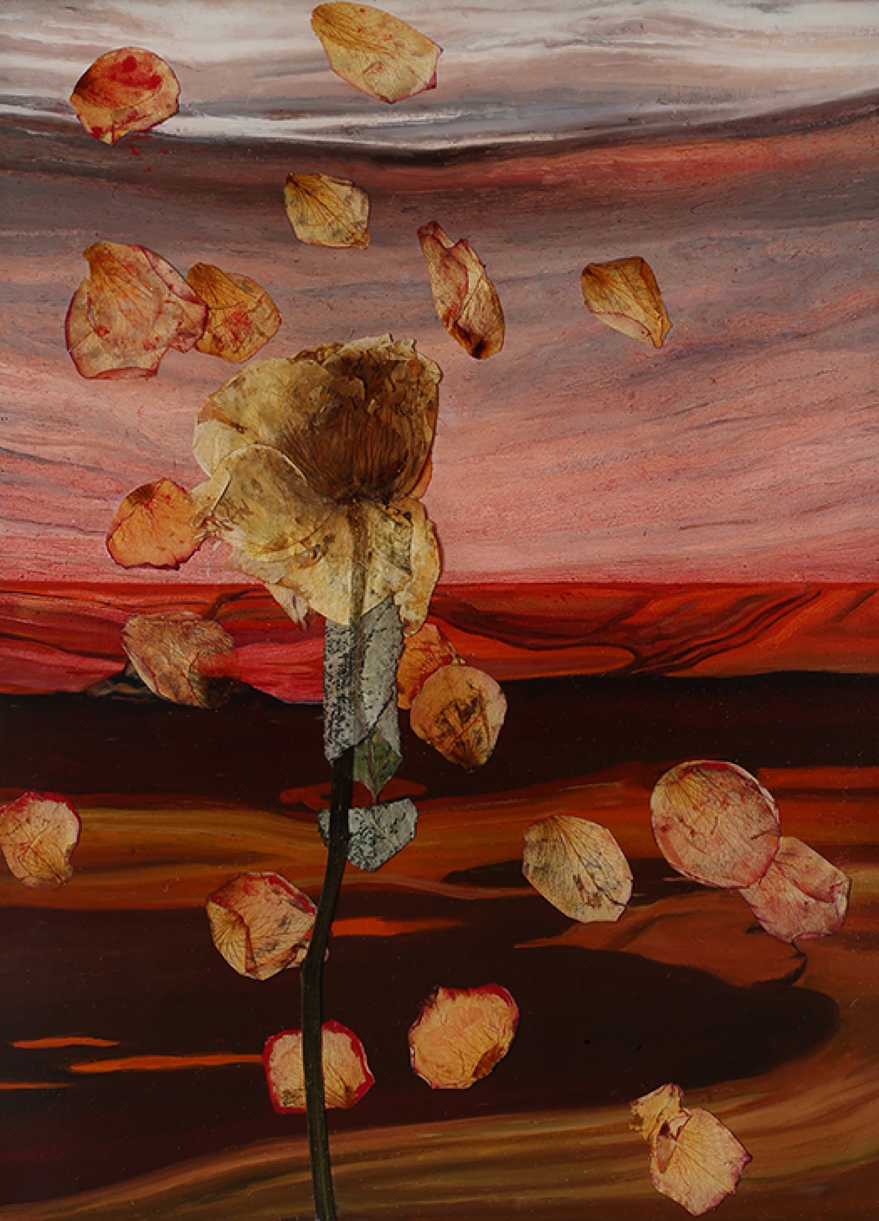 alan-salisbury-last-day-landscape-6-dead-flower-with-dead-floating-petals.-2020.-resin-flora-and-oil-on-board.-26-x-20cm.-first